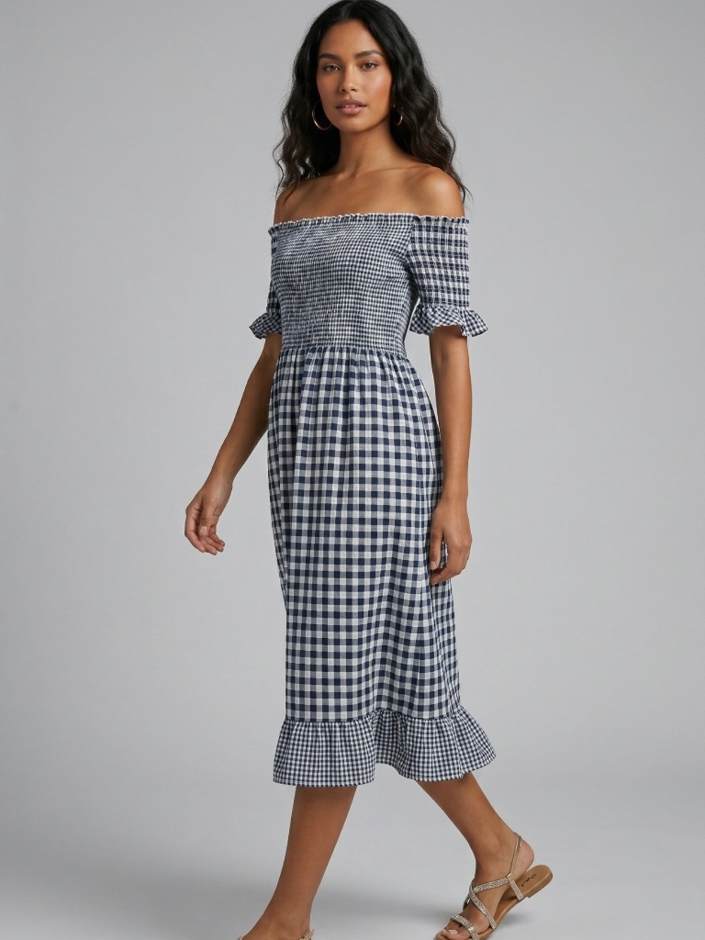 POL Navy White Gingham Midi Dress | Smocked Off Shoulder Checkered Dress - Picture 5 of 7